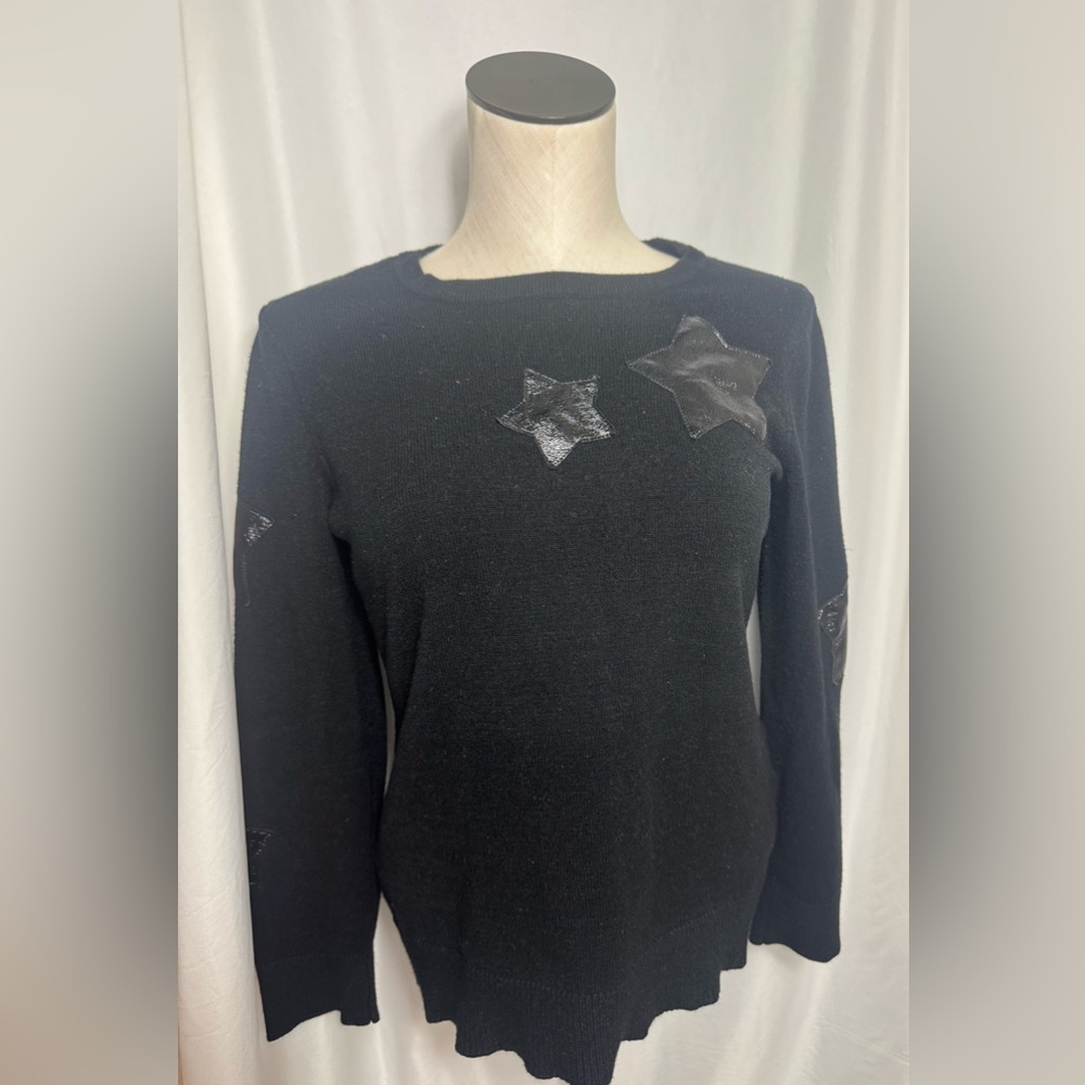 INC international Black Sweater with Star faux leather Accents Size Medium